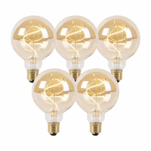 LUEDD Set mit 5 E27 dimmbaren LED-Glühfadenlampen G95 goldline